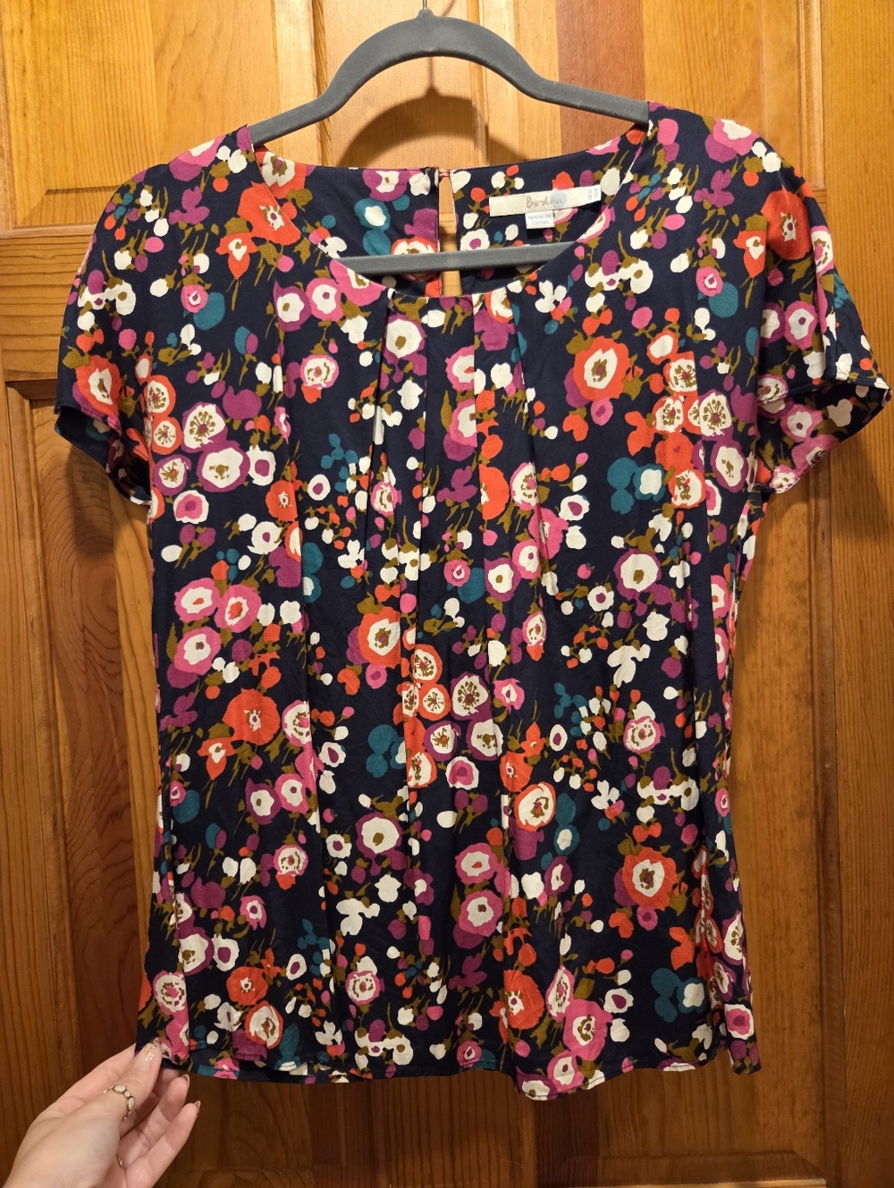 Boden Navy Floral Short-Sleeve Blouse with Pink & Red Accents